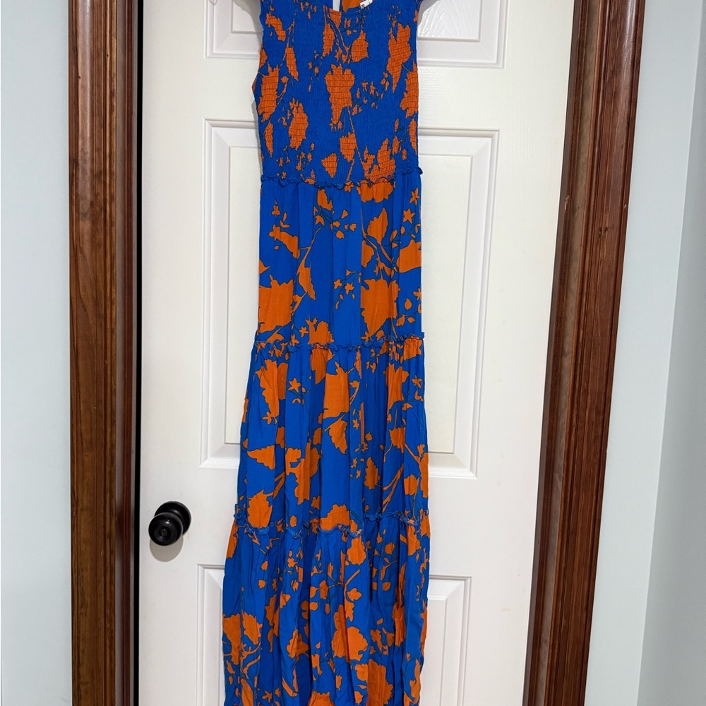 Abel The Label Anthropologie Blue and Orange Floral Maxi Dress Size XS